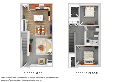 A floor plan of a two-story apartment with labeled first and second floors.
